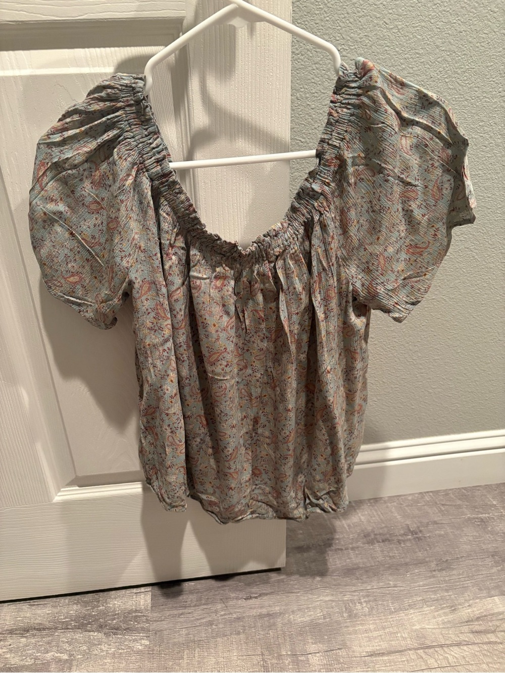 Rewind Light Blue Paisley Smocked Off-Shoulder Puff Sleeve Top